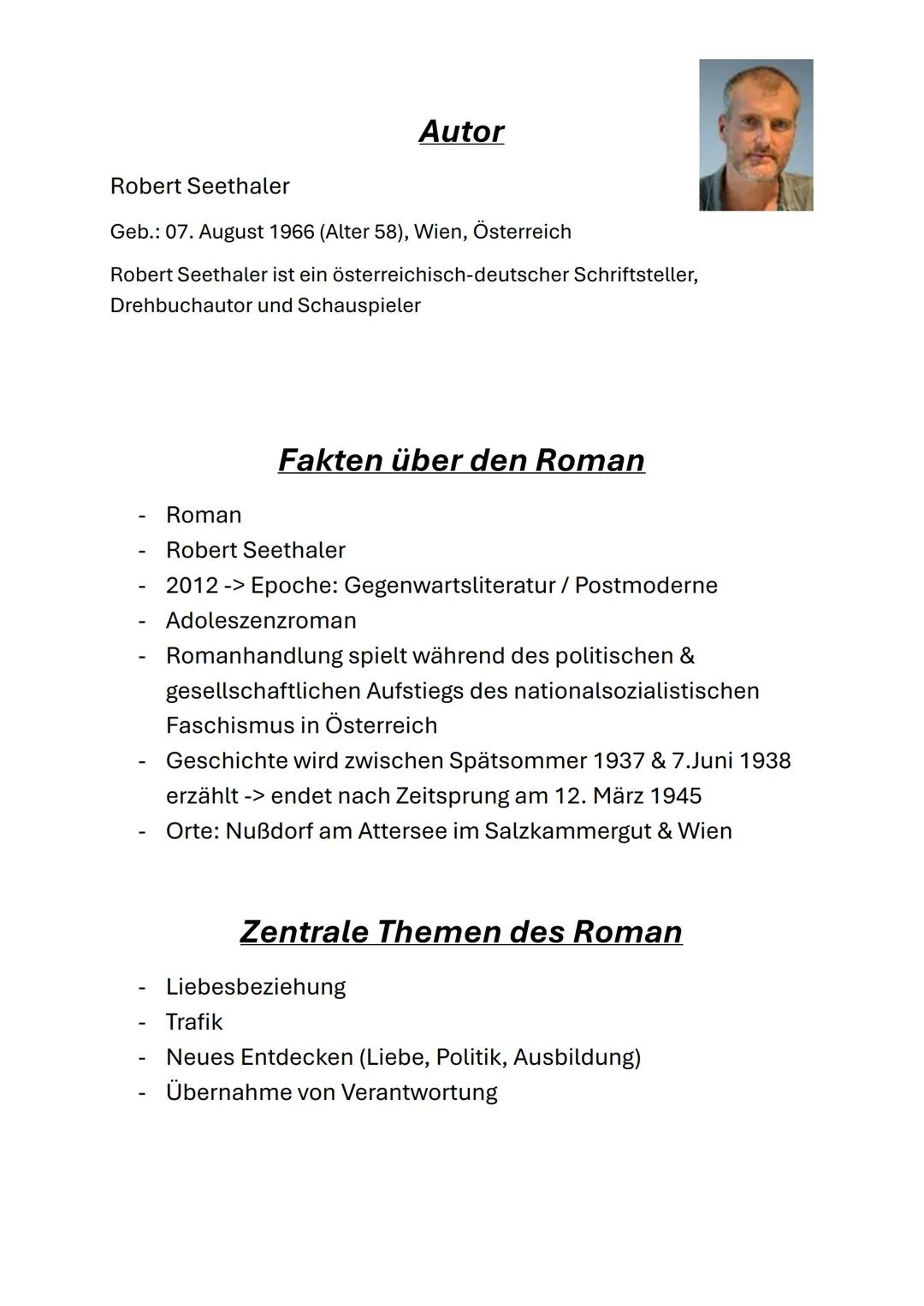 --- OCR Start ---
Der Trafikant
Autor
Fakten über den Roman
zentrale Themen
Zeitgeschichtlicher Hintergrund
Inhalt
Figuren
Wichtige Orte & d