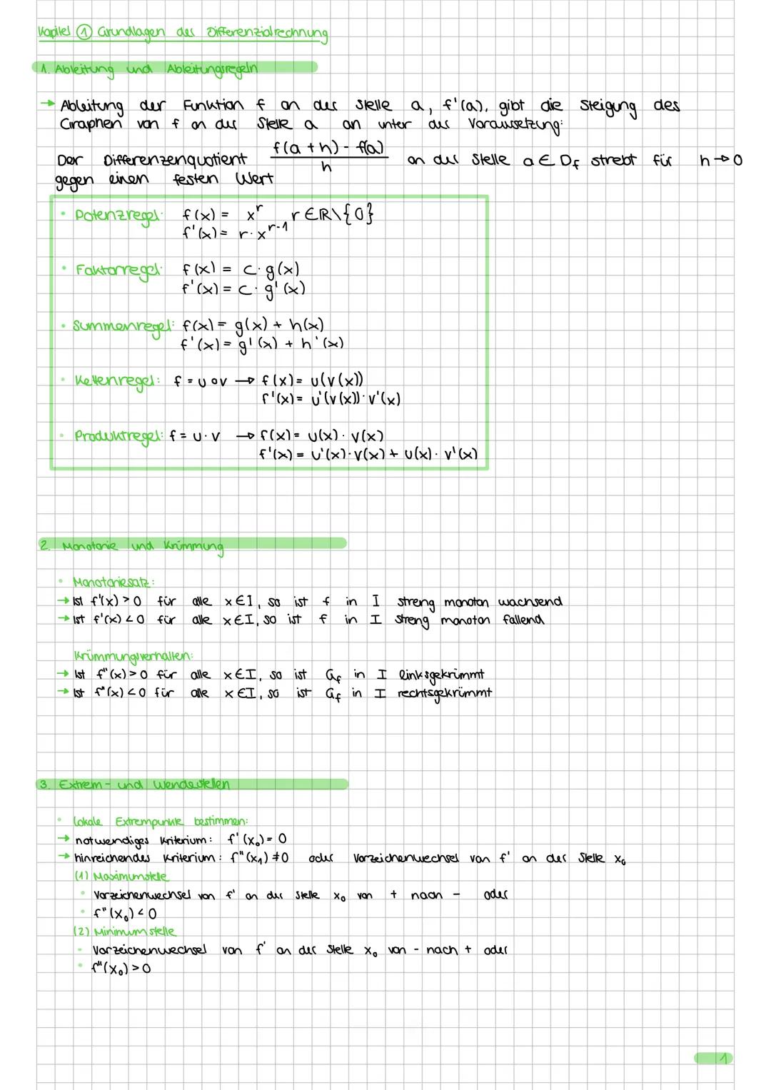 --- OCR Start ---
1.ONGLYSIS
Kapitel Grundlagen des Differenzialrechnung
S. 1
1. Ableitung und Ablatungsregeln.
S. 1
2. Monotonie und Krümmu