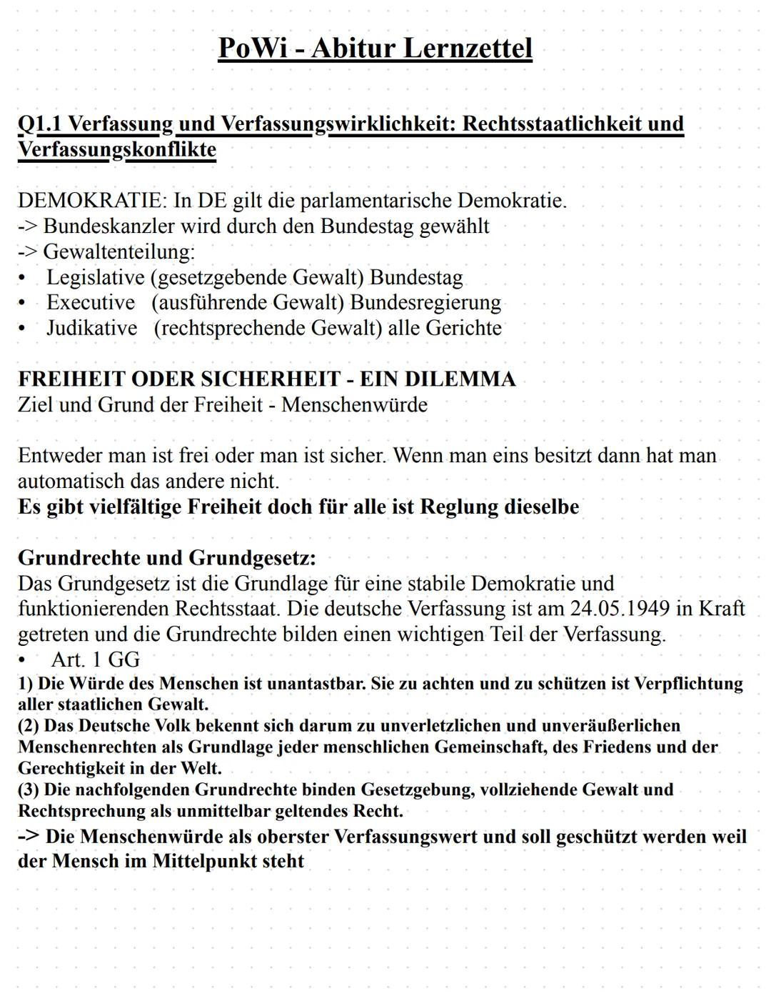 # PoWi - Abitur Lernzettel
Q1.1 Verfassung und Verfassungswirklichkeit: Rechtsstaatlichkeit und
Verfassungskonflikte
DEMOKRATIE: In DE gil