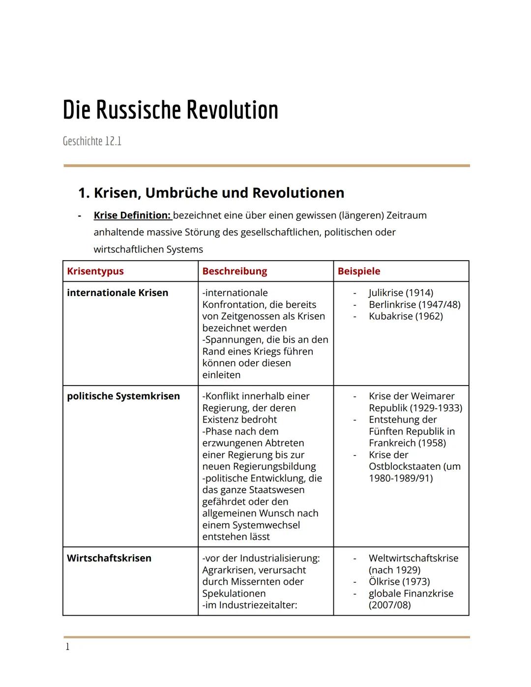 --- OCR Start ---
Die Russische Revolution
Geschichte 12.1
1. Krisen, Umbrüche und Revolutionen
Krise Definition: bezeichnet eine über einen