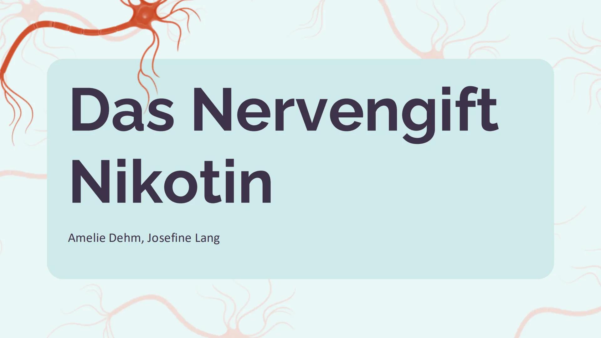# Das Nervengift
# Nikotin
Amelie Dehm, Josefine Lang # Inhalt
Allgemeine Infos
Folgen
Nikotin an der Synapse
Vergiftung und Therapien