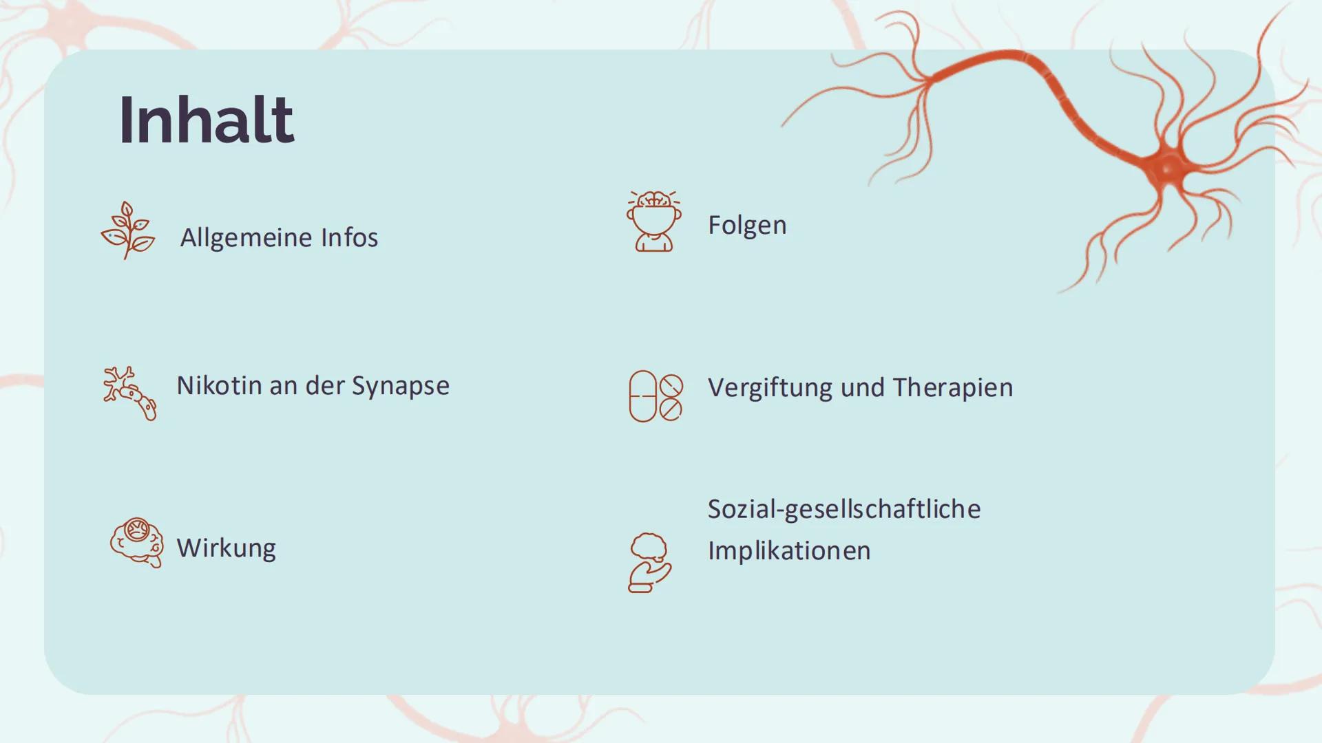 # Das Nervengift
# Nikotin
Amelie Dehm, Josefine Lang # Inhalt
Allgemeine Infos
Folgen
Nikotin an der Synapse
Vergiftung und Therapien