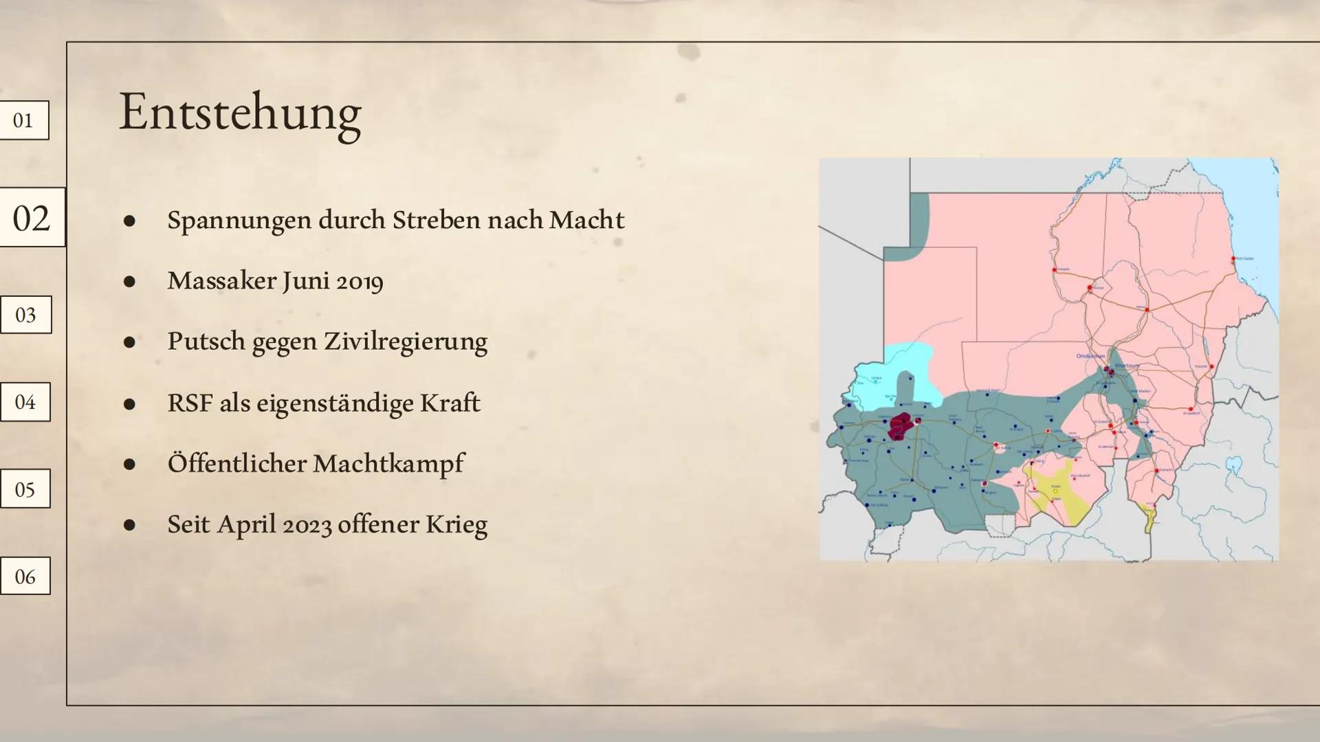 ```
``` # Der
# Sudankonflikt
Amelie Dehm # Inhaltsverzeichnis
01
Hintergrund
02
Konflikt
03
Auswirkungen
04
Karikatur
05
Internatio