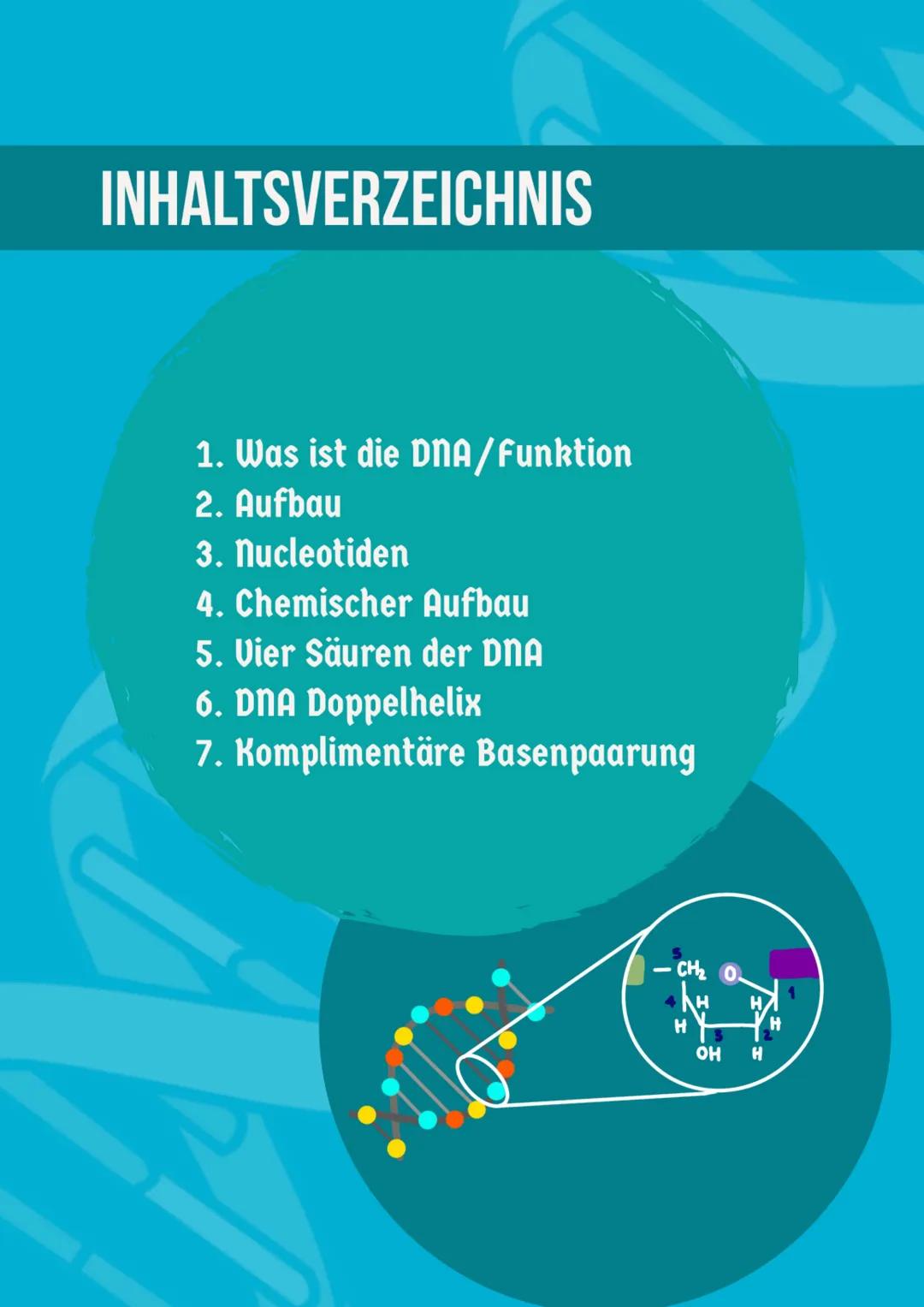 # DNA
STRUKTUR
Von Barbara Fruci # INHALTSVERZEICHNIS
1. Was ist die DNA/Funktion
2. Aufbau
3. Nucleotiden
4. Chemischer Aufbau
5. Vier Säu