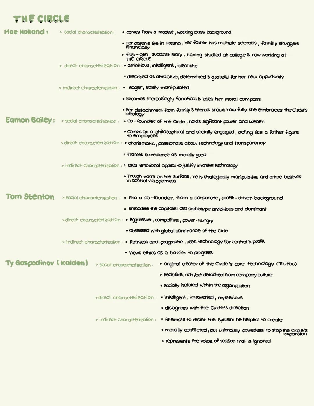 --- OCR Start ---
THE CIRCLE
Hae Holland:
> Social characterization:
> direct characterization
> indirect characterization:
Eamon Bailey: so