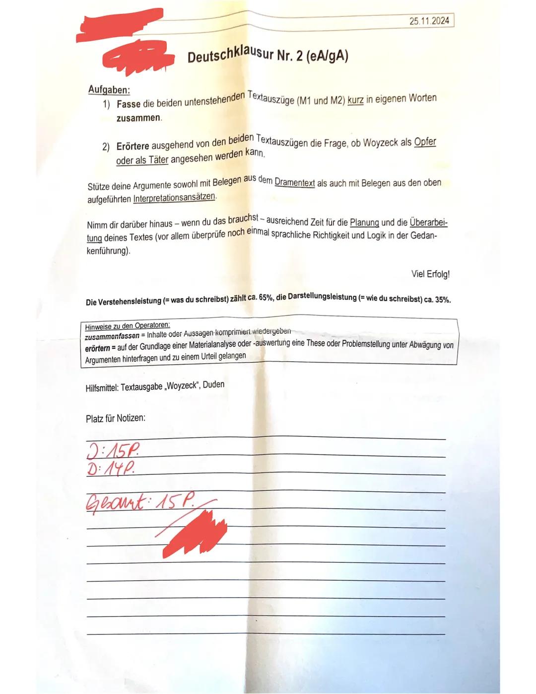 --- OCR Start ---
Aufgaben:
25.11.2024
2 (eA/gA)
Deutschklausur Nr. 2
1) Fasse die beiden untenstehenden Textauszüge (M1 und M2) kurz in eig