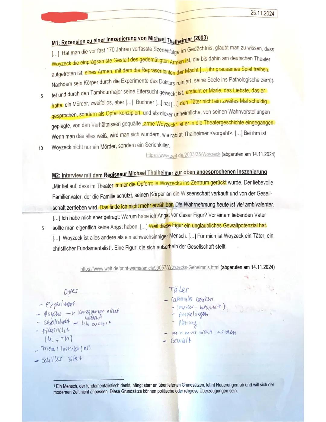 --- OCR Start ---
Aufgaben:
25.11.2024
2 (eA/gA)
Deutschklausur Nr. 2
1) Fasse die beiden untenstehenden Textauszüge (M1 und M2) kurz in eig