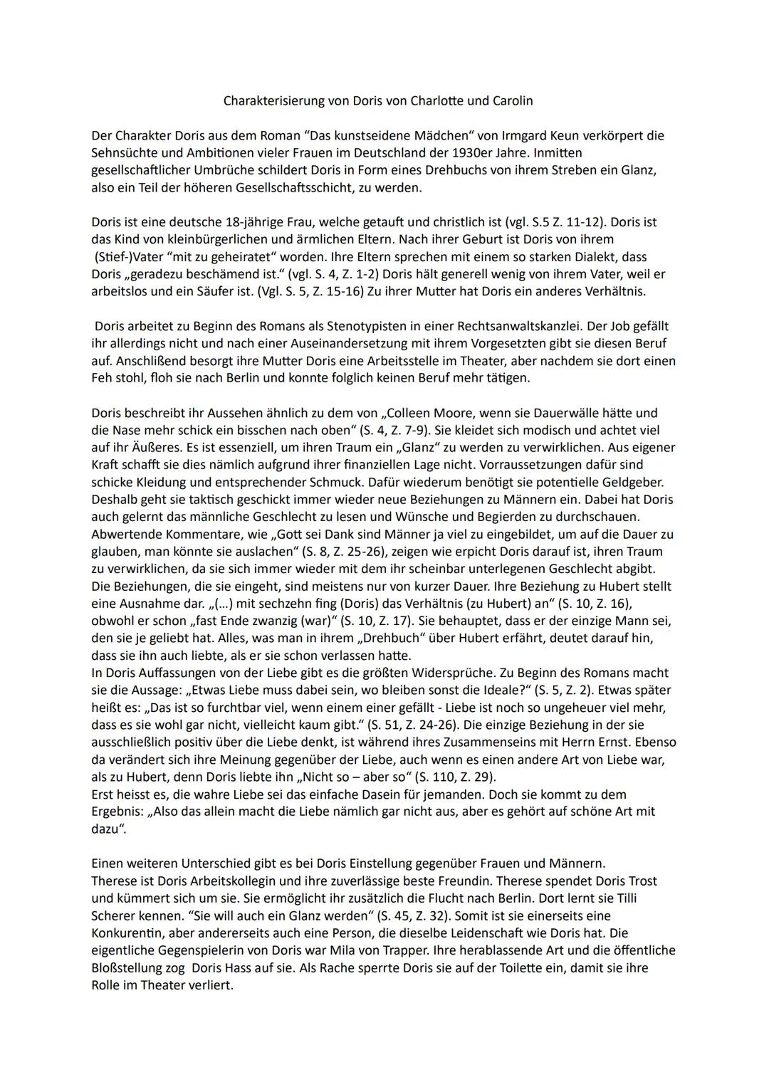 Charakterisierung von Doris „das kunstseidende Mädchen“