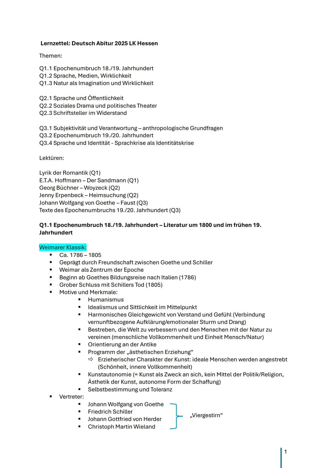 Lernzettel Deutsch LK Hessen Abi 2025 komplett