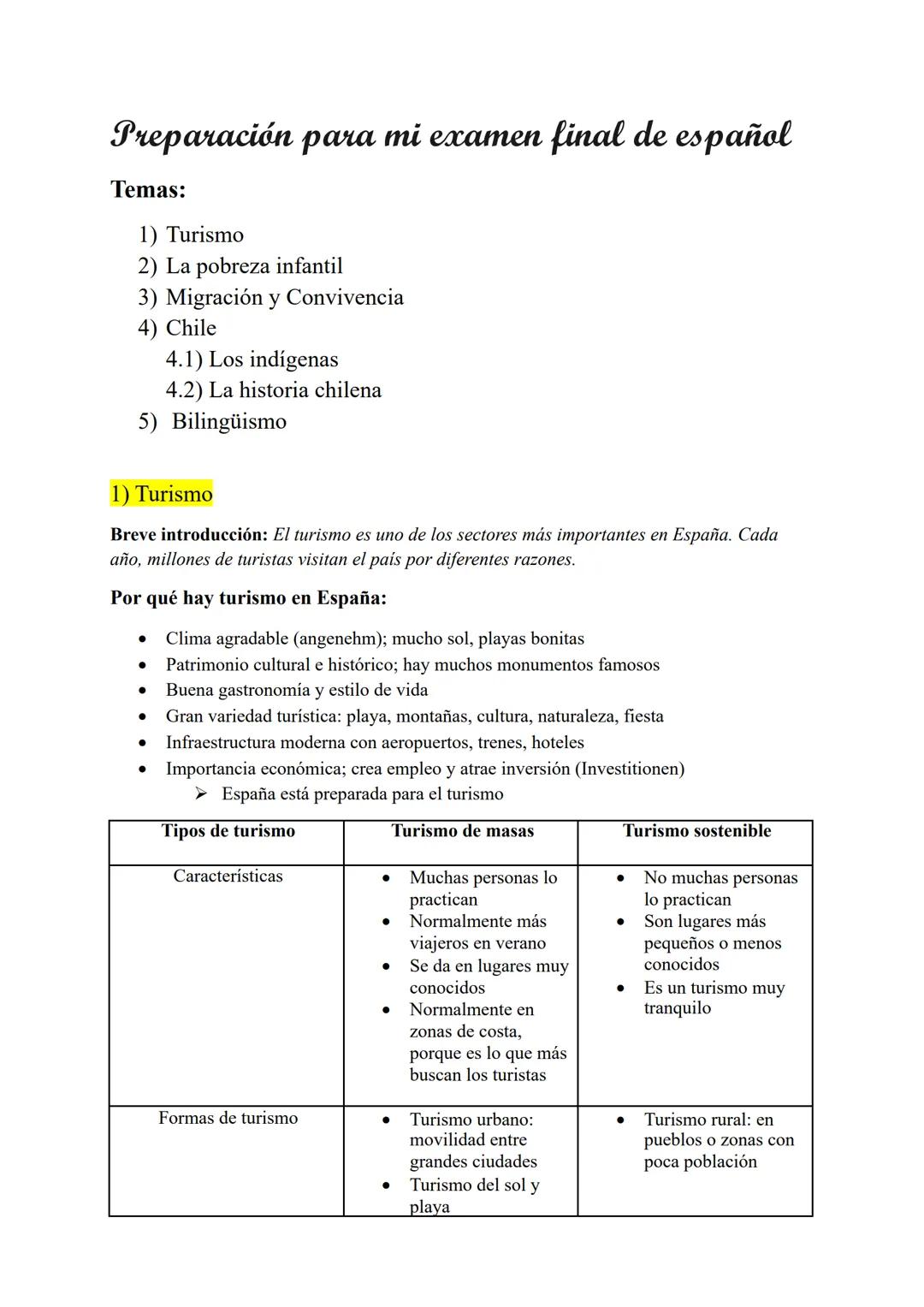 # Preparación para mi examen final de español
Temas:
1) Turismo
2) La pobreza infantil
3) Migración y Convivencia
4) Chile
4.1) Los indíge