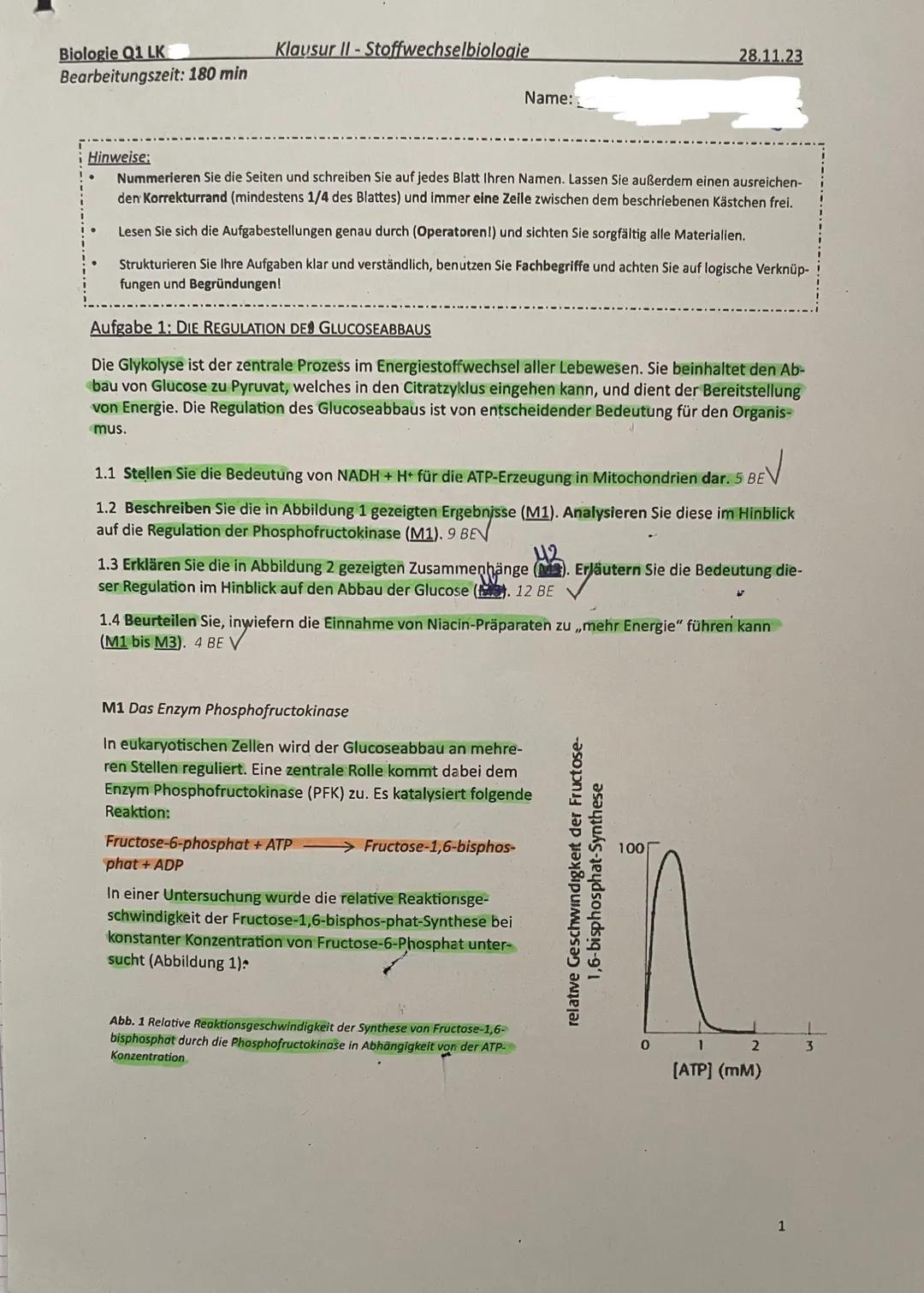 # Biologie Q1 LK
Klausur II - Stoffwechselbiologie
Bearbeitungszeit: 180 min
28.11.23
Name:
Hinweise:
- Nummerieren Sie die Seiten und schr