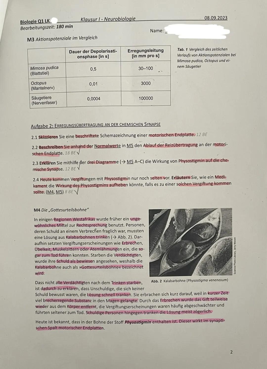 # Biologie Q1 LK Klausur 1 - Neurobiologie 08.09.2023
Bearbeitungszeit: 180 min