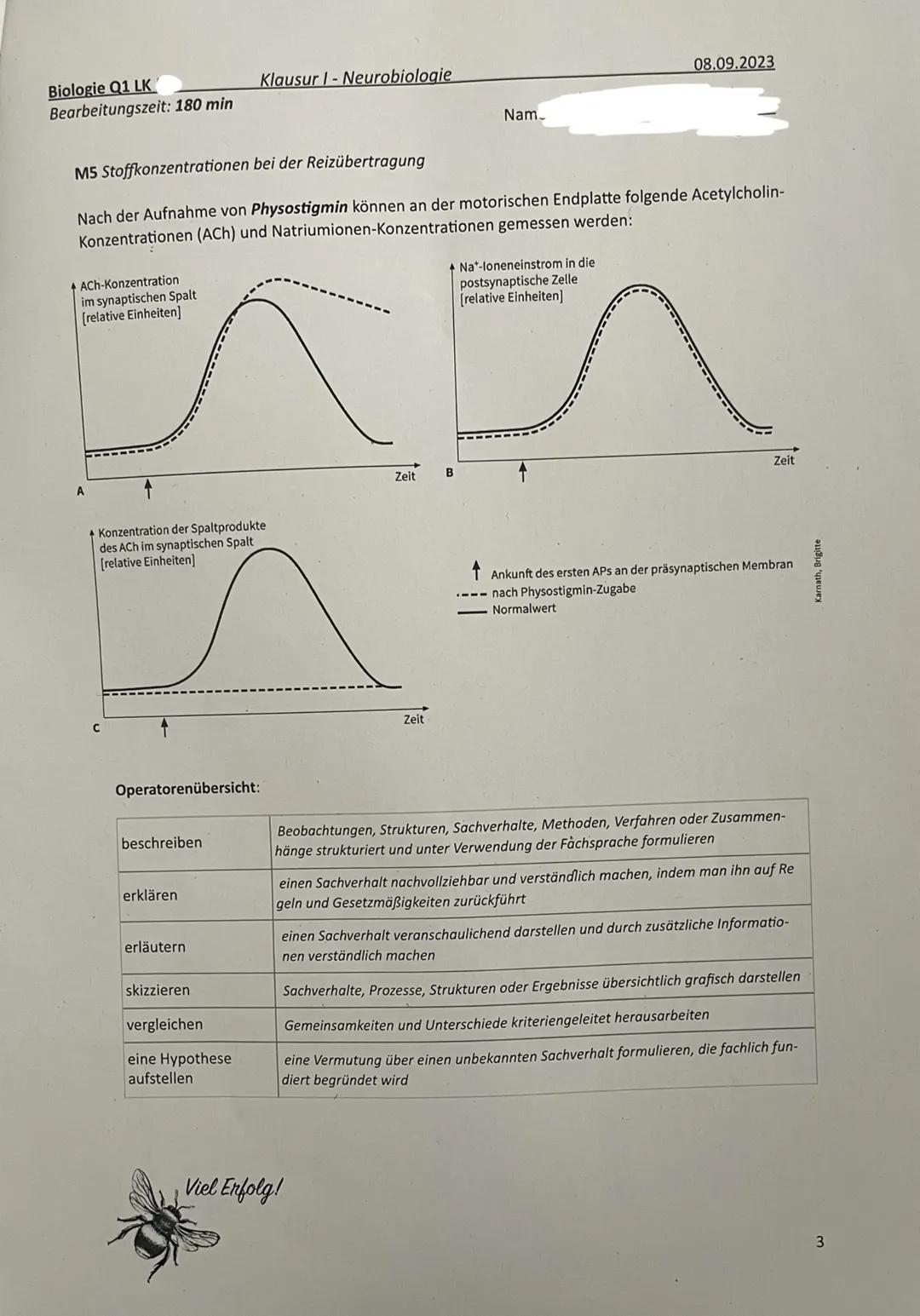 # Biologie Q1 LK Klausur 1 - Neurobiologie 08.09.2023
Bearbeitungszeit: 180 min