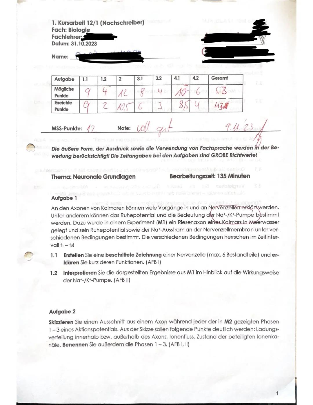 Klausur Biologie Neurologie