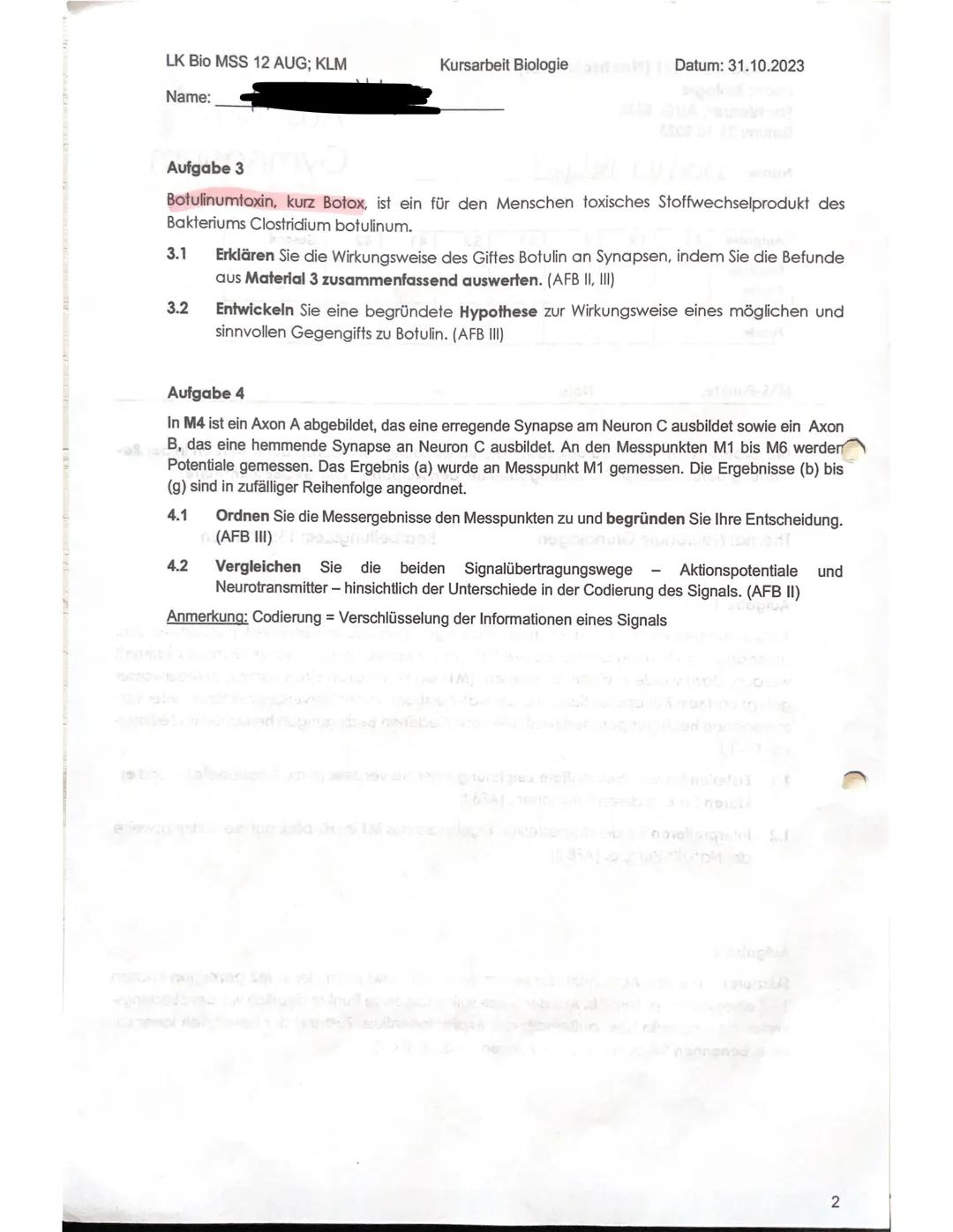# 1. Kursarbeit 12/1 (Nachschreiber)
Fach: Biologie
Fachlehrer
Datum: 31.10.2023
Name:
Aufgabe | 1.1 | 1.2 | 2 | 3.1 | 3.2 | 4.1 | 4.2 | Ge