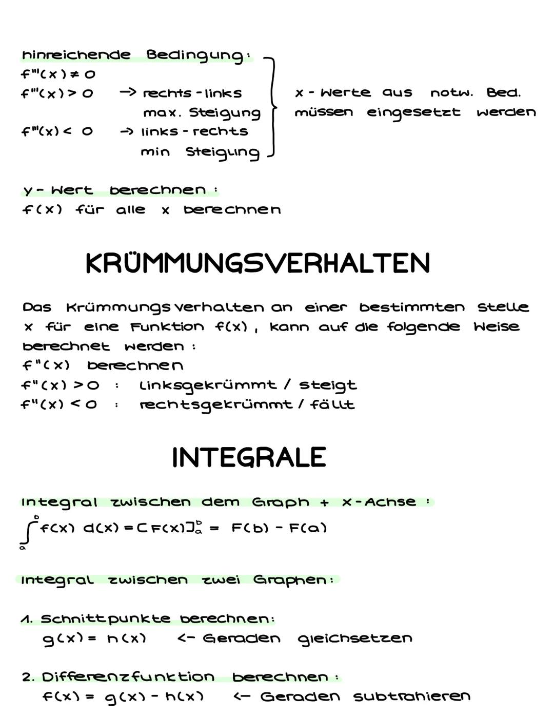 # ABLEITUNGEN
f(x): Normalfunktion
f'(x): 1. Ableitung (Steigung)
f"(x): 2. Ableitung (Krümmungsverhalten)
f(x): 3. Ableitung
F(x): Stammfu