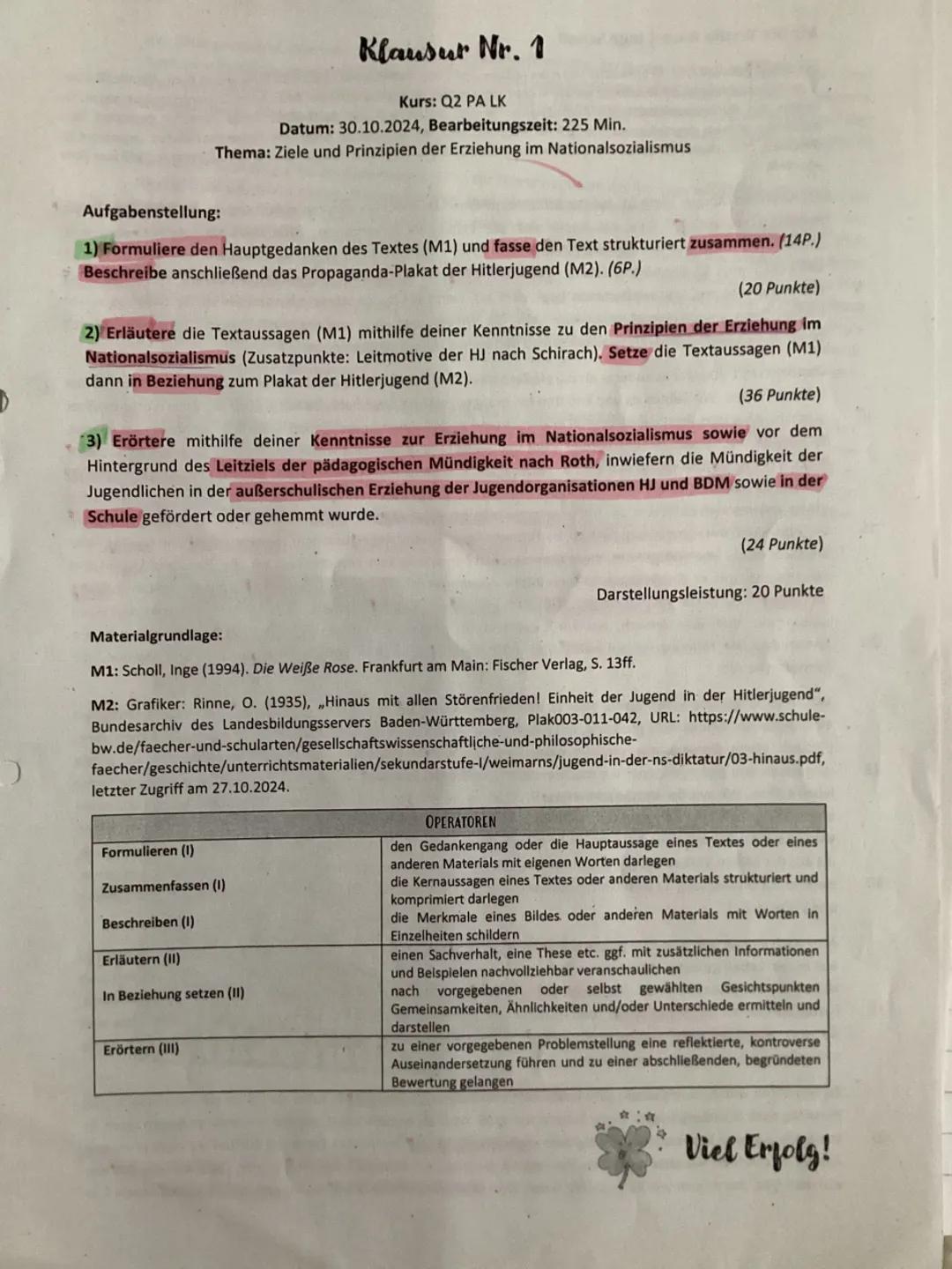 Pädagogik Klausur zu NS & Roth & Schirach - ABI 2025 - 13 NP