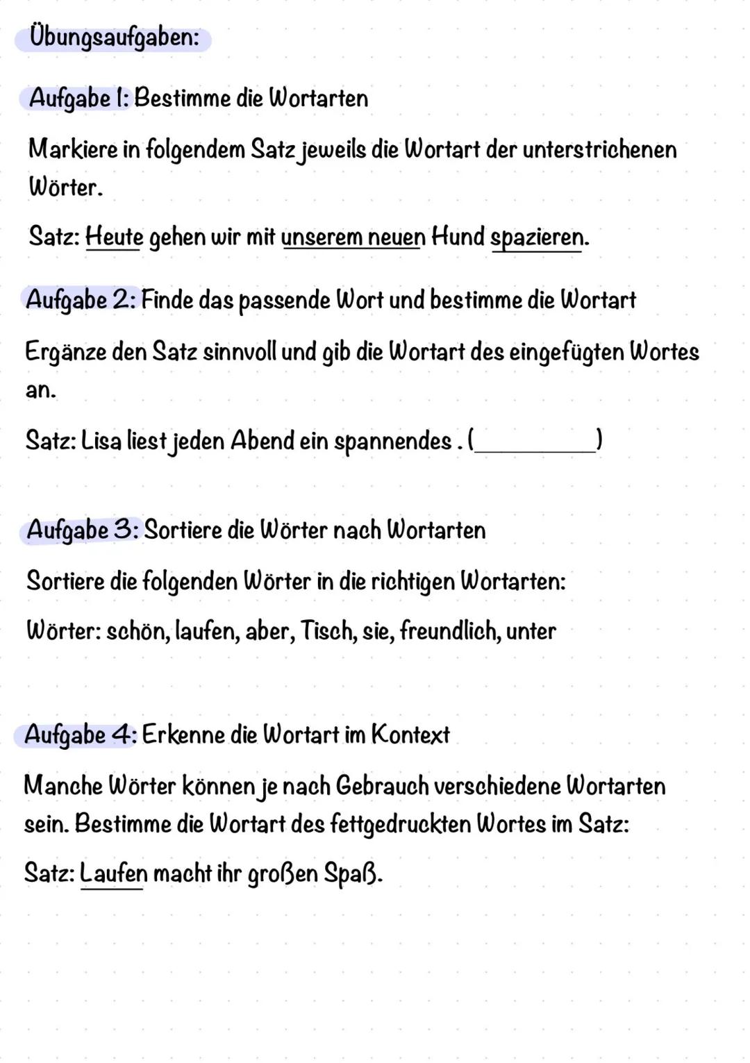 # Erklärung + Übungsaufgaben zum Pflichtteil 1
(Grammatik, Rechtschreibung, Zeichensetzung, Satzarten, Wortarten)
1. Wortarten
Jedes Wor