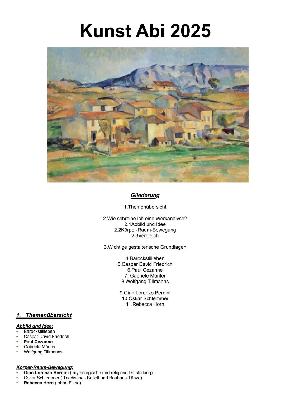 --- OCR Start ---
Kunst Abi 2025
Gliederung
1.Themenübersicht
2. Wie schreibe ich eine Werkanalyse?
2.1Abbild und Idee
2.2Körper-Raum-Bewegu