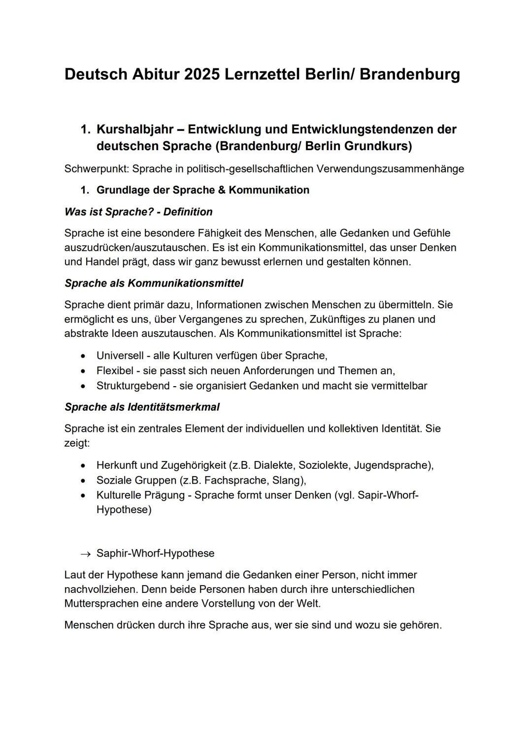 --- OCR Start ---
Deutsch Abitur 2025 Lernzettel Berlin/ Brandenburg
1. Kurshalbjahr - Entwicklung und Entwicklungstendenzen der
deutschen S