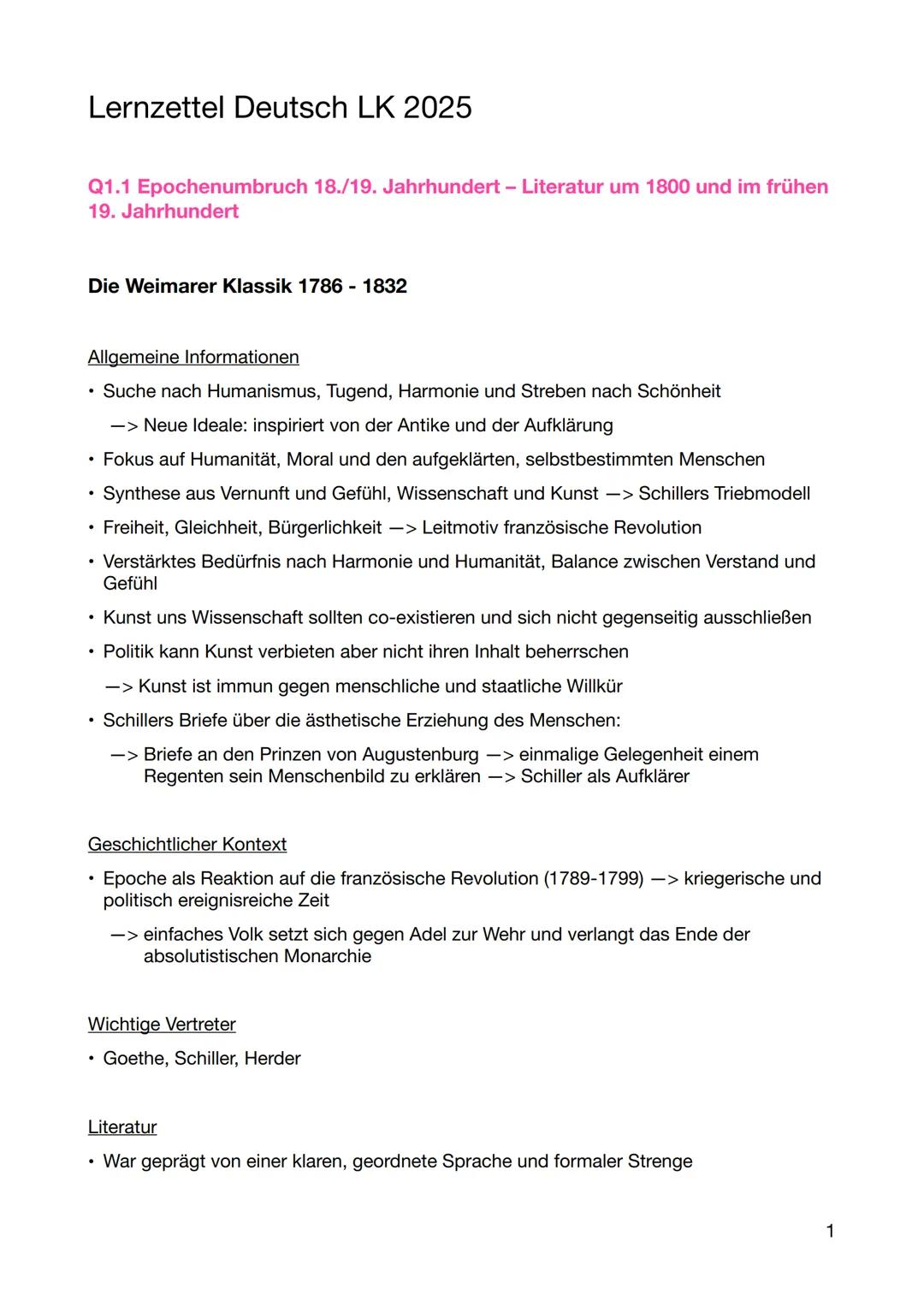 --- OCR Start ---
Lernzettel Deutsch LK 2025
Q1.1 Epochenumbruch 18./19. Jahrhundert - Literatur um 1800 und im frühen
19. Jahrhundert
Die W