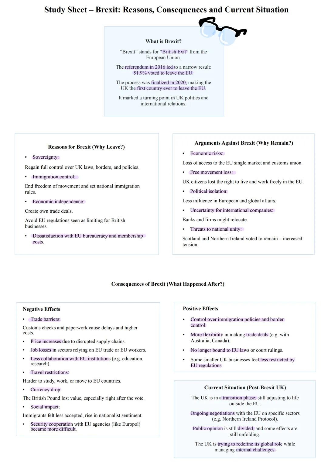 # Study Sheet - Brexit: Reasons, Consequences and Current Situation
What is Brexit?
"Brexit" stands for "British Exit" from the
European U