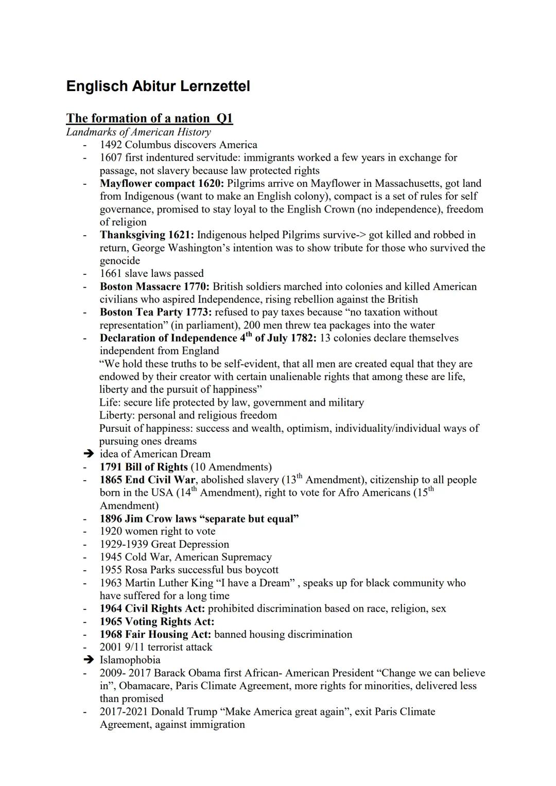 # Englisch Abitur Lernzettel
The formation of a nation Q1
Landmarks of American History
- 1492 Columbus discovers America
- 1607 first inde