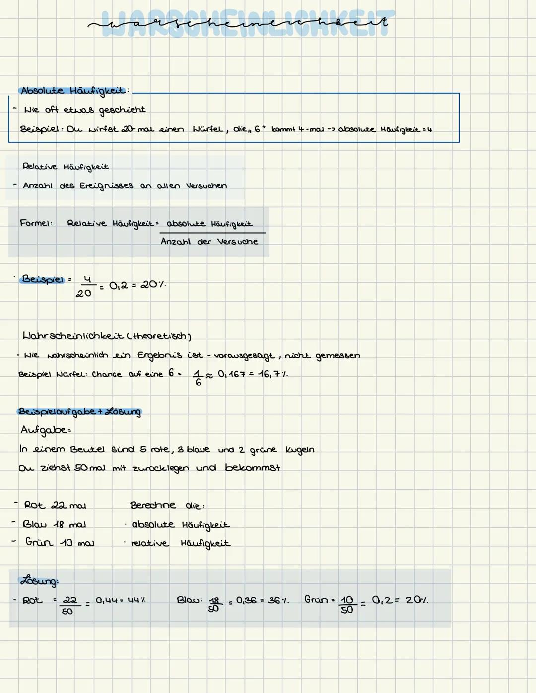 --- OCR Start ---
Absolute Häufigkeit:
Wie oft etwas geschieht
Beispiel: Du wirfst 20-mal einen Würfel, die, 6 kommt 4-mal absolute Häufigke