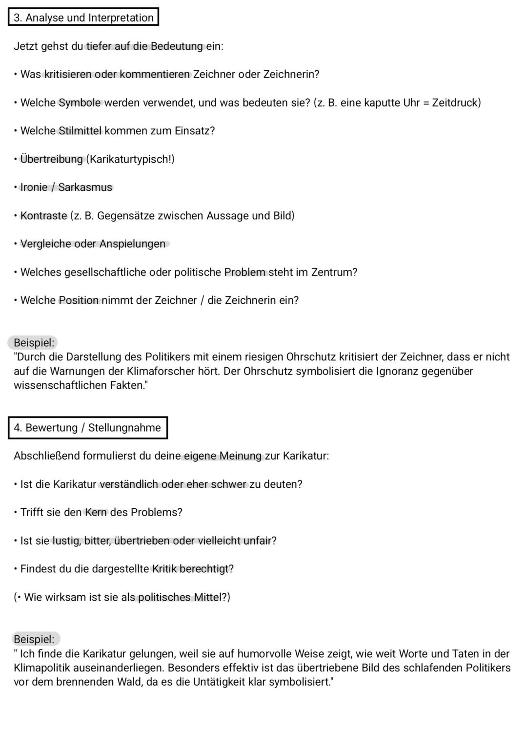 KARIKATUR ANALYSIEREN
Eine Karikaturanalyse besteht in der Regel aus vier Teilen: Einleitung, Beschreibung, Analyse,
Bewertung. Du gehst dab