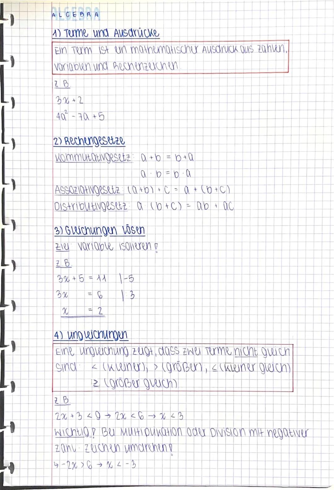 ALGEBRA
1) Terme und Ausdrücke
Ein Term ist ein mathematischer Ausdruck aus zahven,
variaben und Rechenzeichen
ZB
30+2
40
-7a+5
2) Rechenges