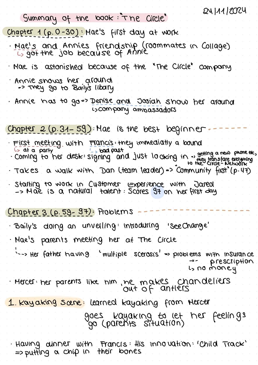 Summary of the book: "The Circle"
Chapter 1 (p. 0-30): Mae's first day at work.
24/11/2024
Mae's and Annies friendship (roommates in Collage