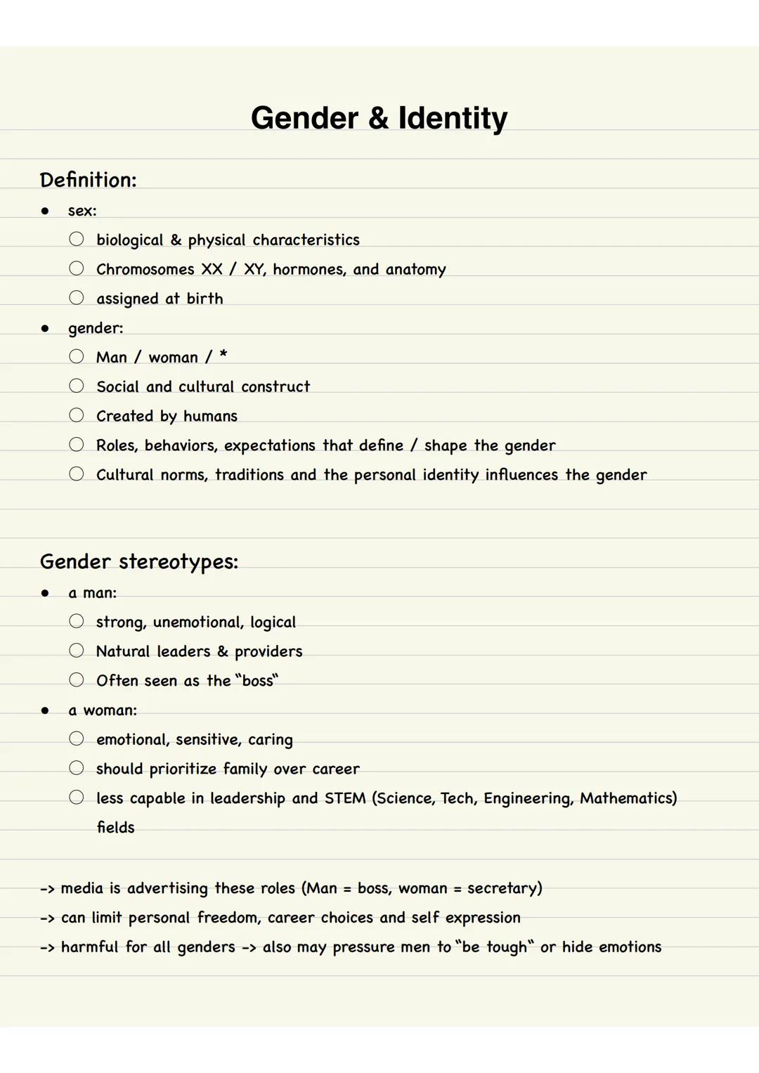 Gender & Identity
Definition:
sex:
biological & physical characteristics
Chromosomes XX / XY, hormones, and anatomy
assigned at birth
gender
