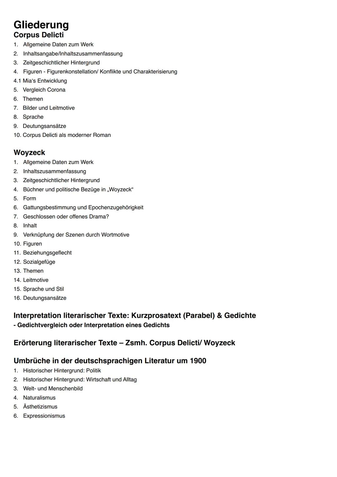 Gliederung
Corpus Delicti
1. Allgemeine Daten zum Werk
2. Inhaltsangabe/Inhaltszusammenfassung
3. Zeitgeschichtlicher Hintergrund
4. Figuren