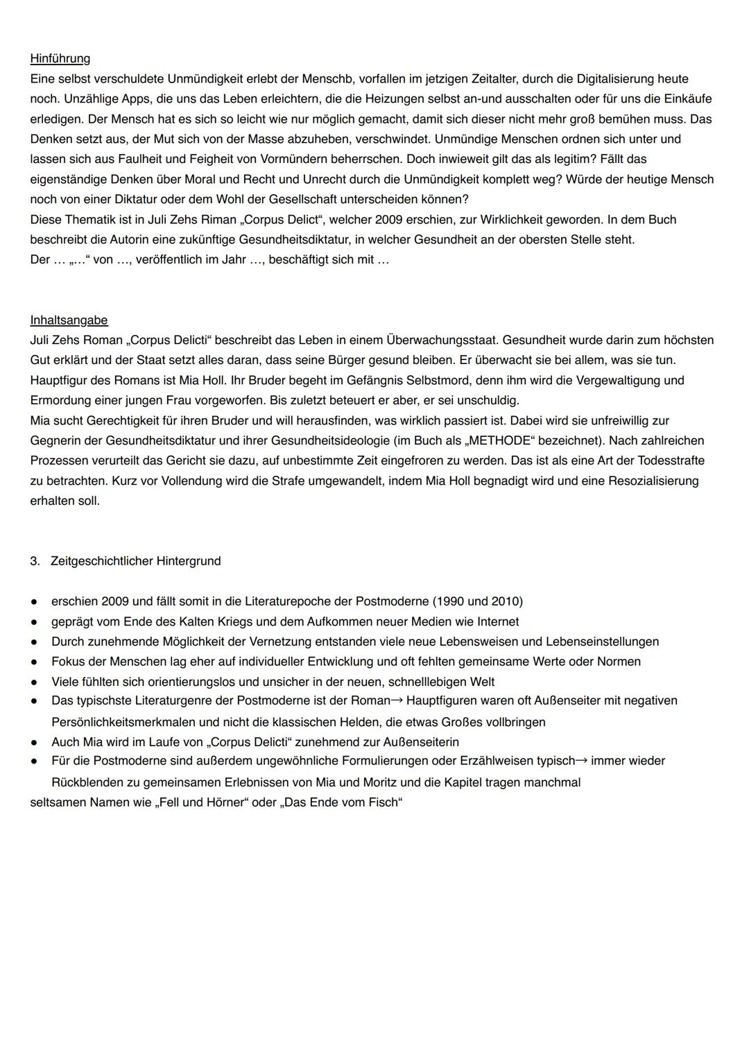 Gliederung
Corpus Delicti
1. Allgemeine Daten zum Werk
2. Inhaltsangabe/Inhaltszusammenfassung
3. Zeitgeschichtlicher Hintergrund
4. Figuren