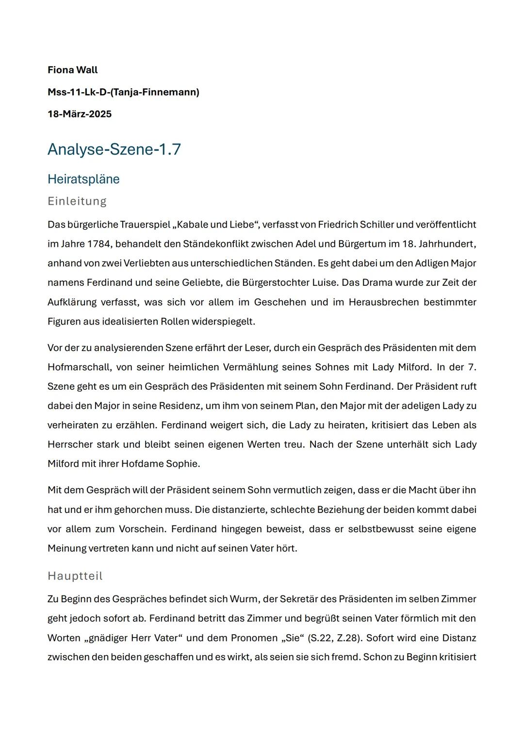 Kabale und Liebe, Szenenanalyse