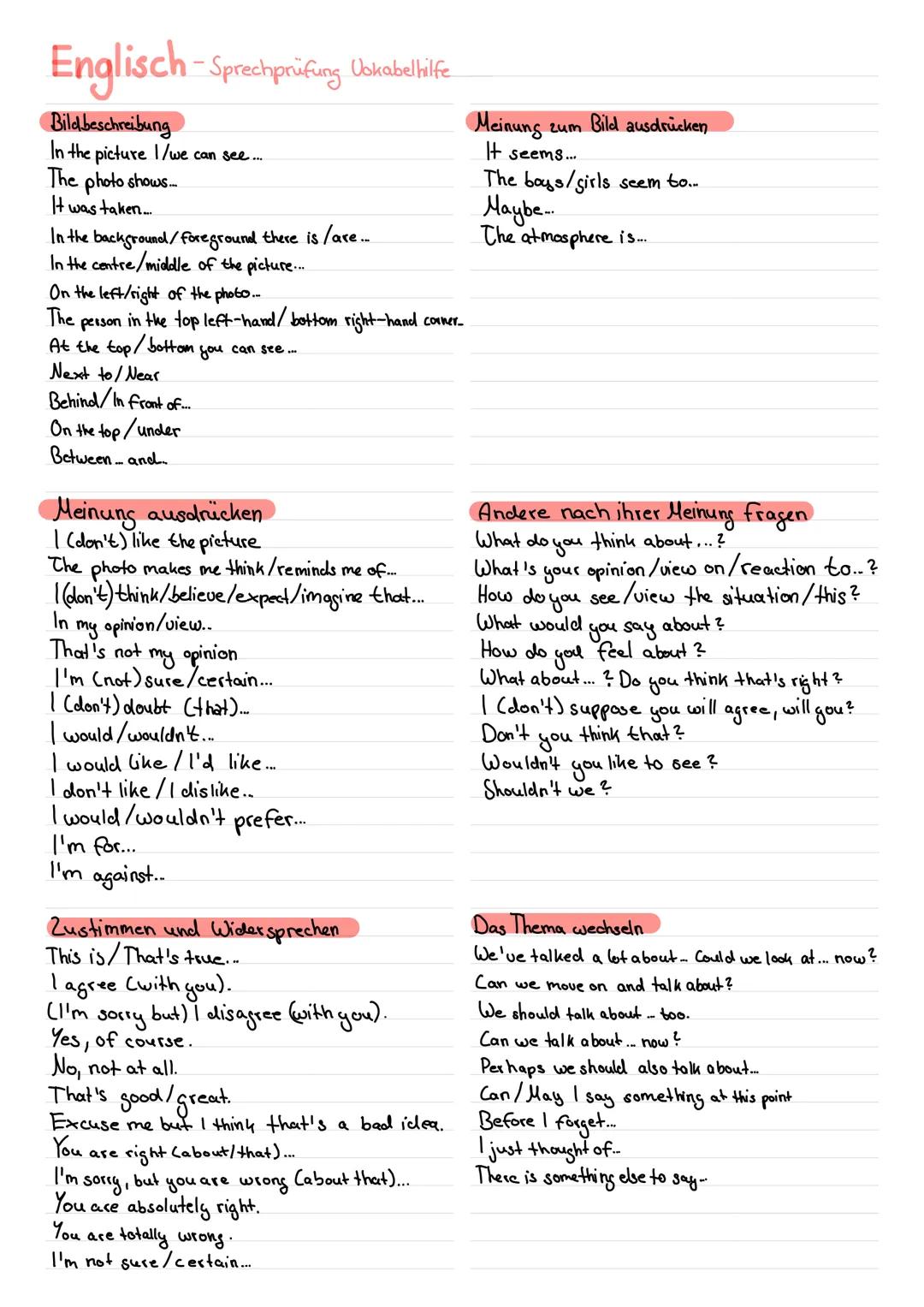 Vokabeln für Sprechprüfung ( Englisch )