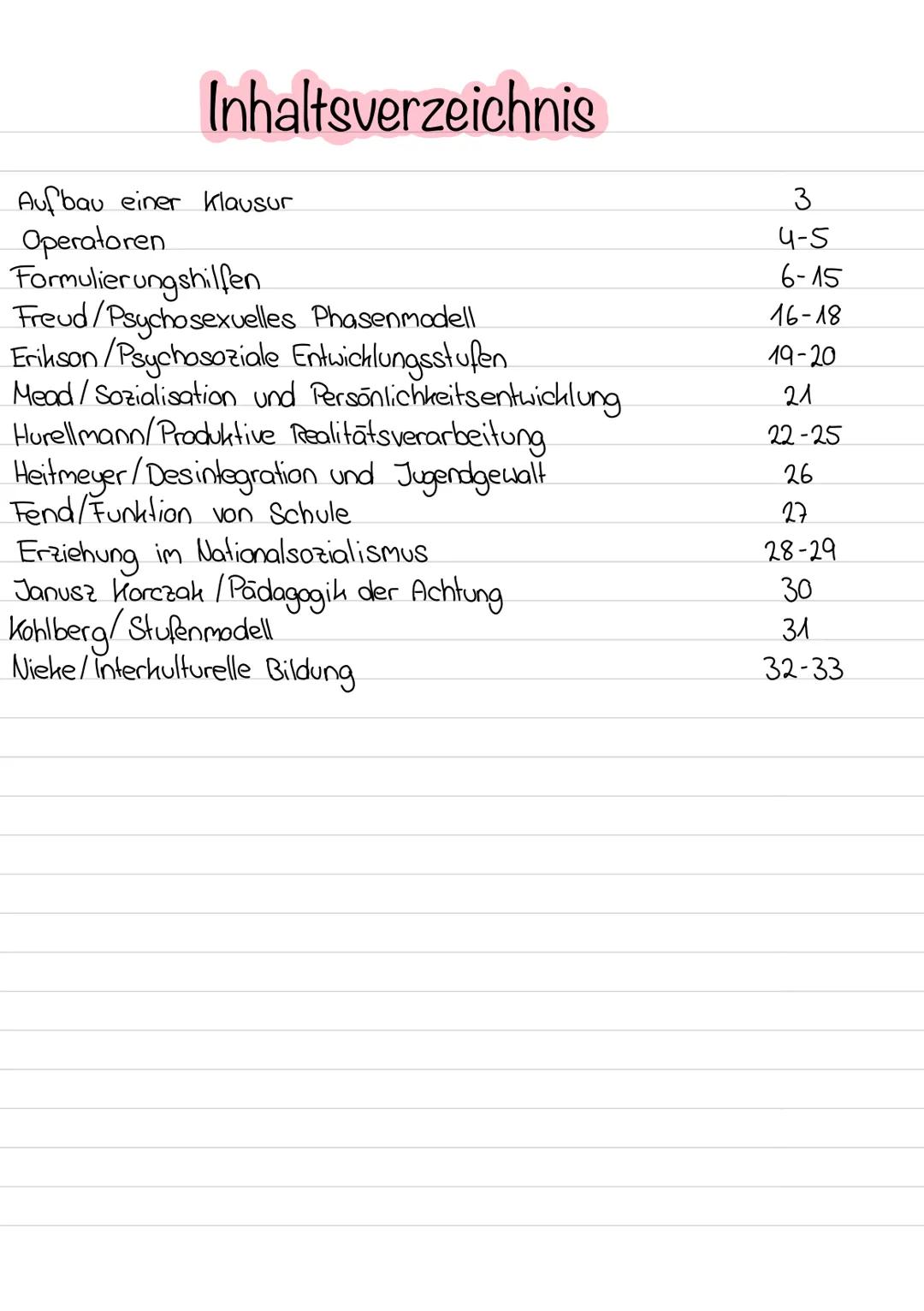 Inhaltsverzeichnis
Aufbau einer Klausur
Operatoren
Formulierungshilfen
Freud/Psychosexuelles Phasenmodell
Erikson/Psychosoziale Entwicklung