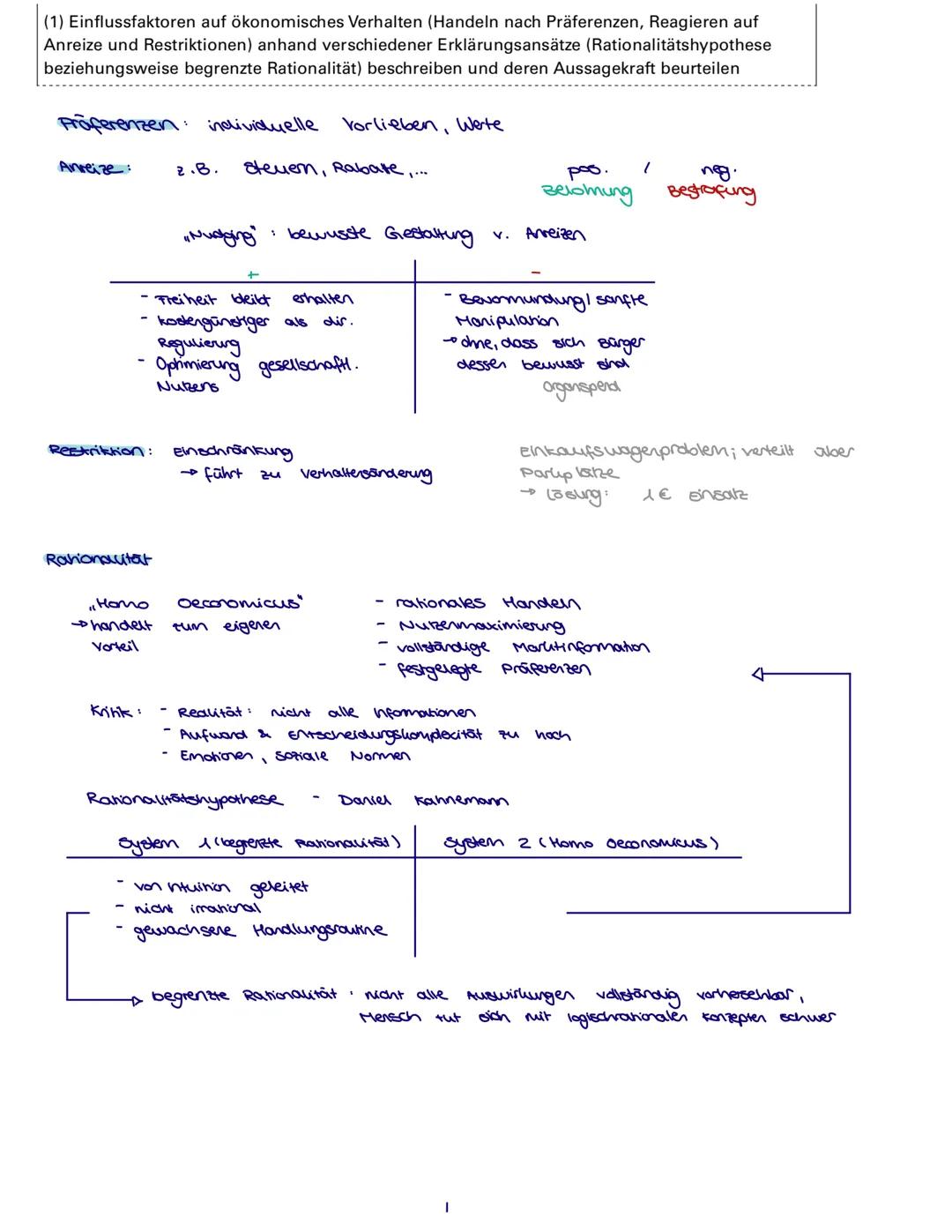 (1) Einflussfaktoren auf ökonomisches Verhalten (Handeln nach Präferenzen, Reagieren auf
Anreize und Restriktionen) anhand verschiedener Erk