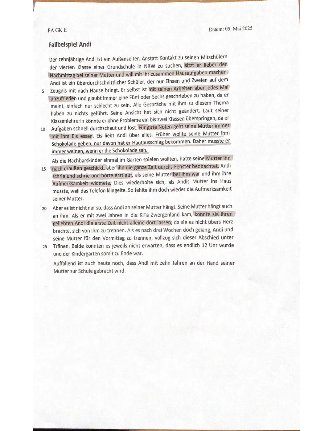 --- OCR Start ---
PA GK E
Name: Sorah D
Aufgaben:
Datum: 05. Mai 2025
KLAUSUR Nr. 1
1. Fasse die problematischen Verhaltensweisen von Andi u