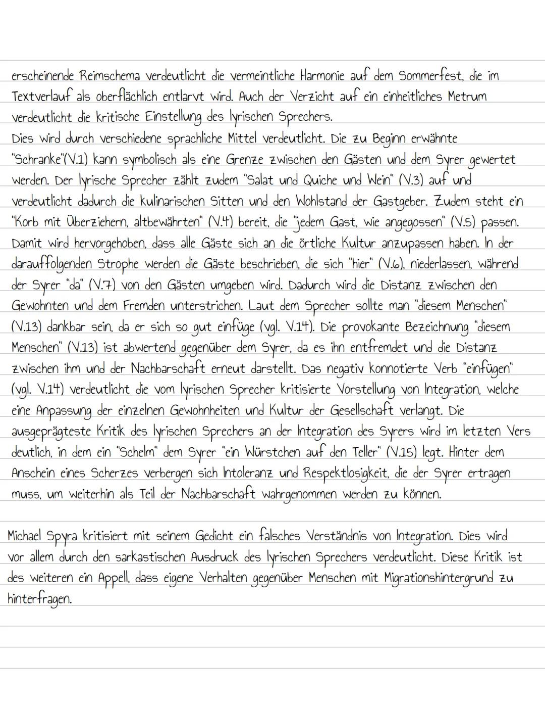 Das Gedicht "Der erste eigene Syrer", verfasst von Michael Spyra und veröffentlicht im Jahr 2019,
handlt von der Integration eines syrischen