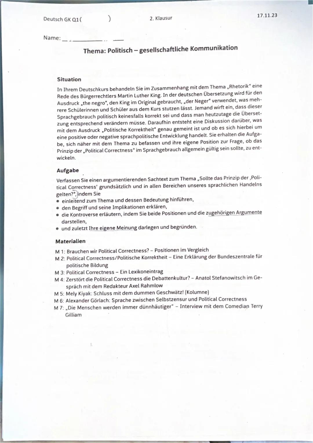 Klausur „Politisch-gesellschaftliche Kommunikation“