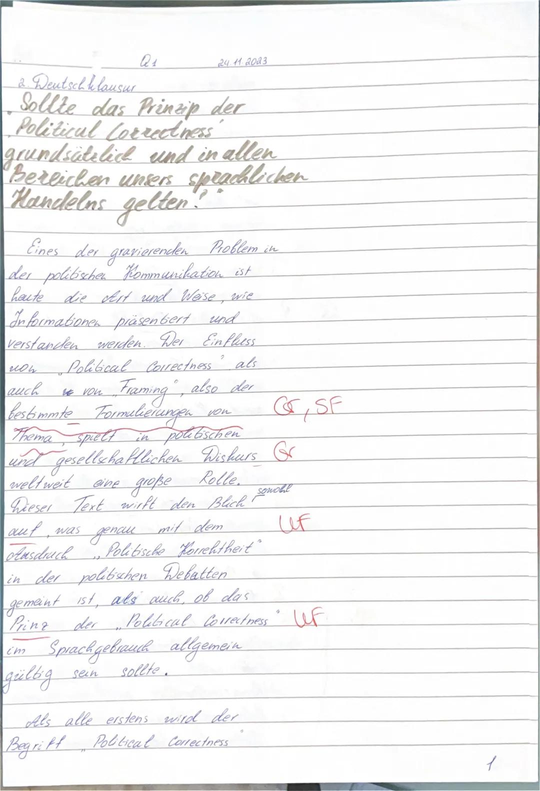 ```markdown
Deutsch GK Q1 (
) 2. Klausur 17.11.23
Name:
Thema: Politisch - gesellschaftliche Kommunikation
Situation
In Ihrem Deutschkurs b