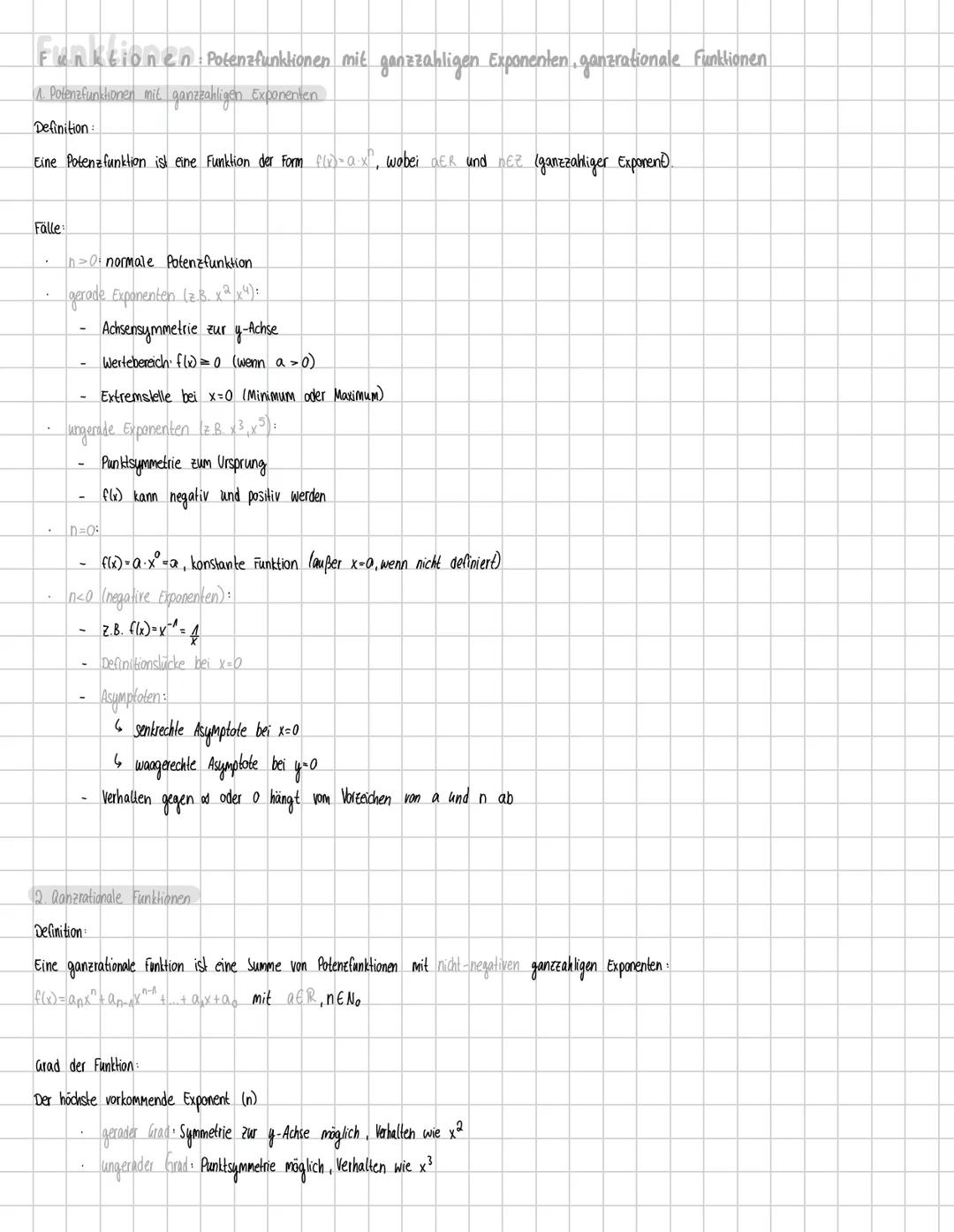 Funktionen: Potenzfunktionen mit ganzzahligen Exponenten, ganzrationale Funktionen
A. Potenzfunktionen mit ganzzahligen Exponenten
Definitio