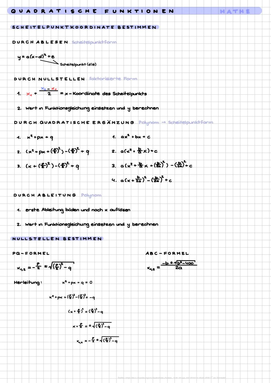 QUADRATISCHE
FUNKTIONEN
MATHE
ALLGEMEINES
Eine quadratische Funktion hat ein Polynom 2. Grades als Funktionsterm: $ax^2+bx+c$. Der Koeffizie