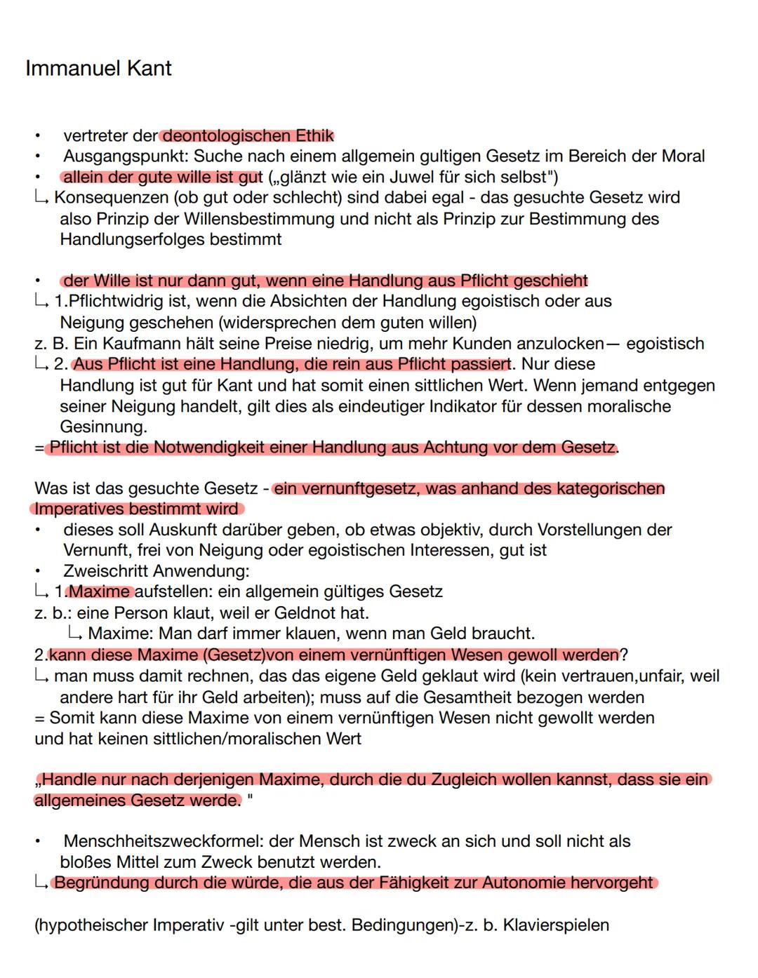 Immanuel Kant
* vertreter der deontologischen Ethik
* Ausgangspunkt: Suche nach einem allgemein gultigen Gesetz im Bereich der Moral
* alle
