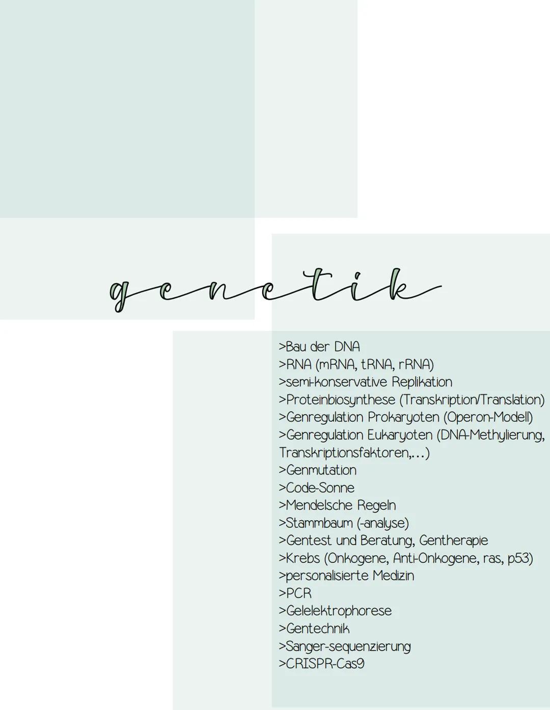 genetik
>Bau der DNA
>RNA (mRNA, tRNA, rRNA)
>semi-konservative Replikation
>Proteinbiosynthese (Transkription/Translation)
>Genregulation P