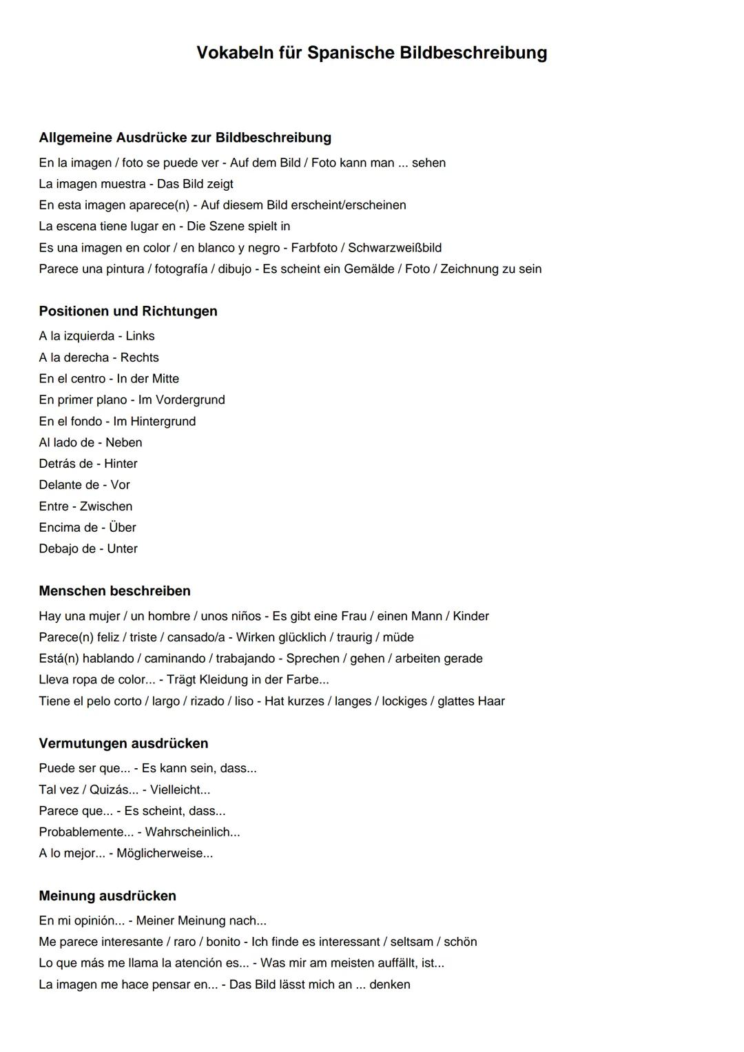 Vokabeln für Spanische Bildbeschreibung
Allgemeine Ausdrücke zur Bildbeschreibung
En la imagen / foto se puede ver - Auf dem Bild / Foto kan