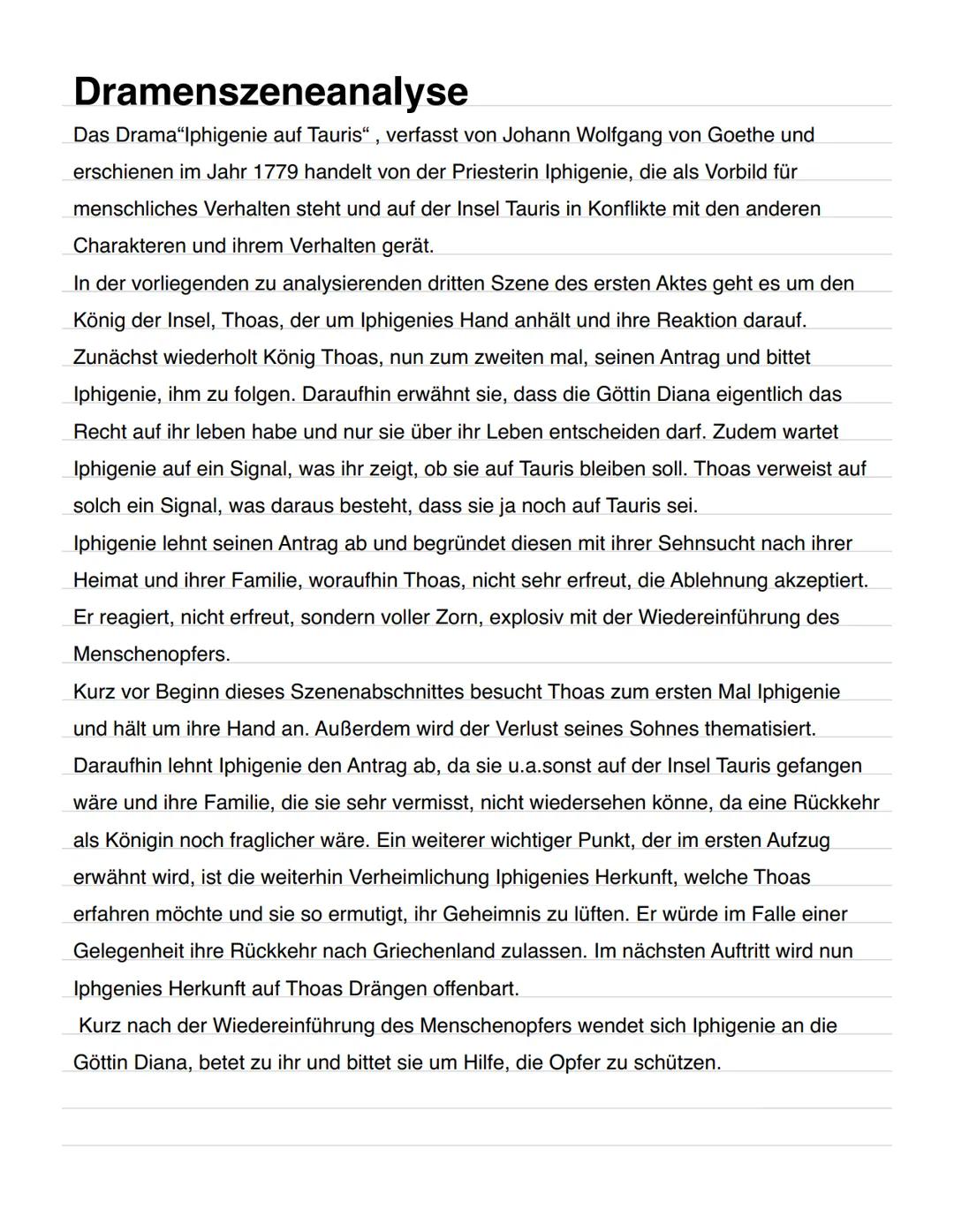 Dramenszeneanalyse
Das Drama "Iphigenie auf Tauris", verfasst von Johann Wolfgang von Goethe und
erschienen im Jahr 1779 handelt von der Pri
