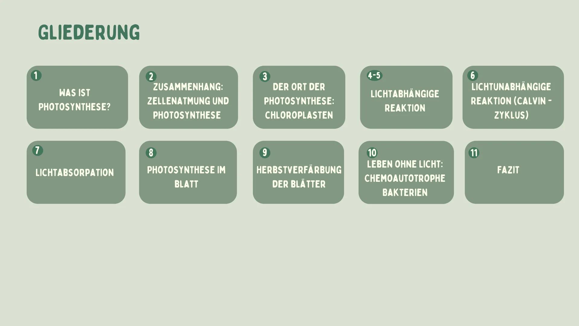 # PHOTOSYNTHESE
GRETA 1
GLIEDERUNG
7
WAS IST
PHOTOSYNTHESE?
LICHTABSORPATION
2
ZUSAMMENHANG:
ZELLENATMUNG UND
PHOTOSYNTHESE
3
4-5
6
DER ORT