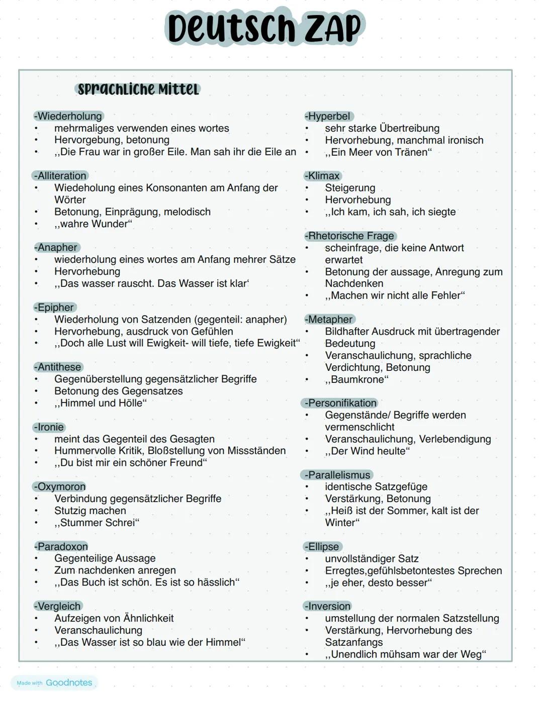 Deutsch ZAP
sprachliche Mittel
-Wiederholung
-Hyperbel
• mehrmaliges verwenden eines wortes
• sehr starke Übertreibung
• Hervorgebung, beton